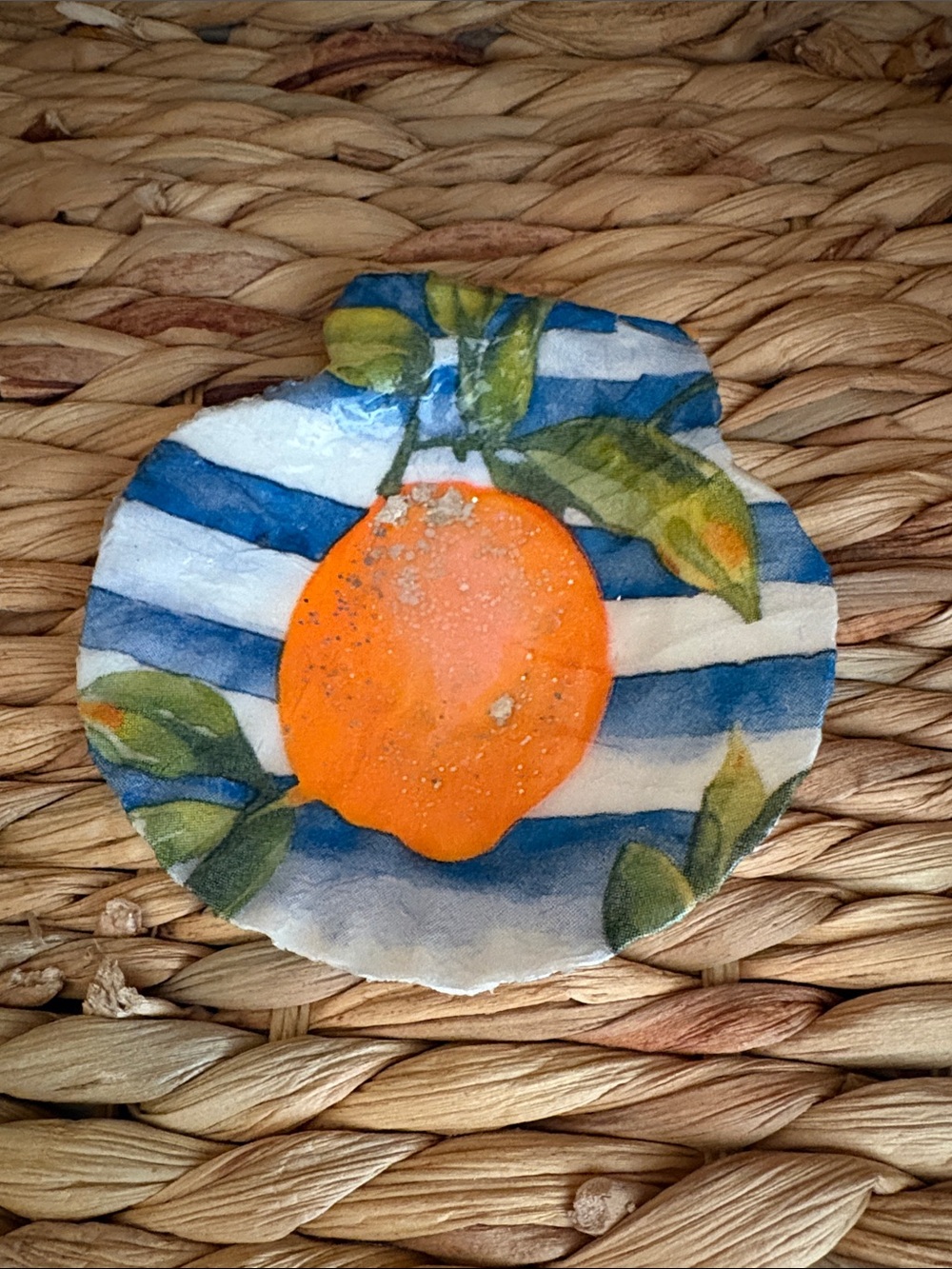 Hand Crafted Orange Citrus Decorative Shell Accent with Blue Stripes